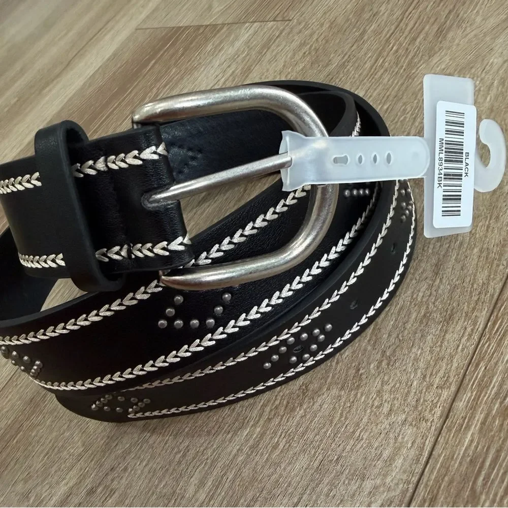 NEW Western Heart Pattern Studded Boho Vegan Leather Belt Black